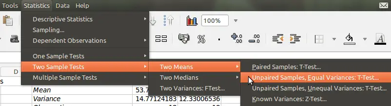 menu for t-test
