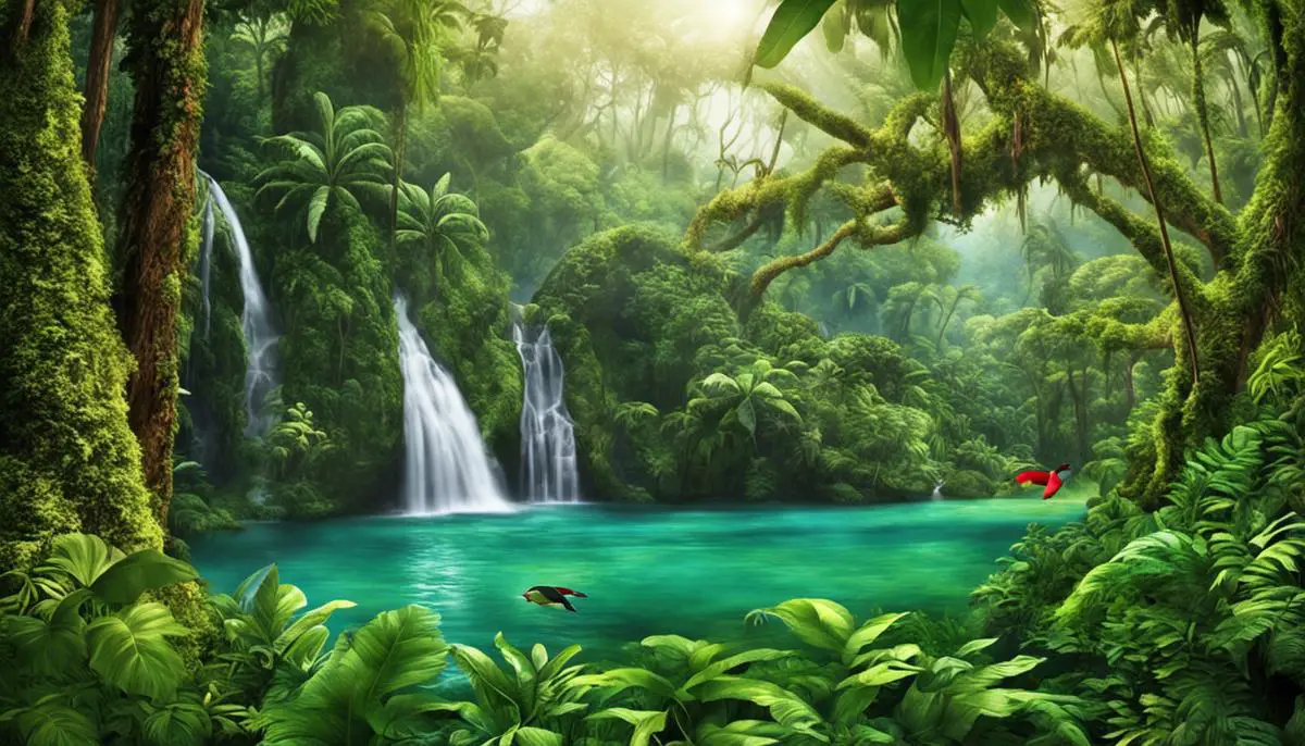A lush tropical rainforest with diverse plant and animal life thriving amidst tall trees and dense vegetation.