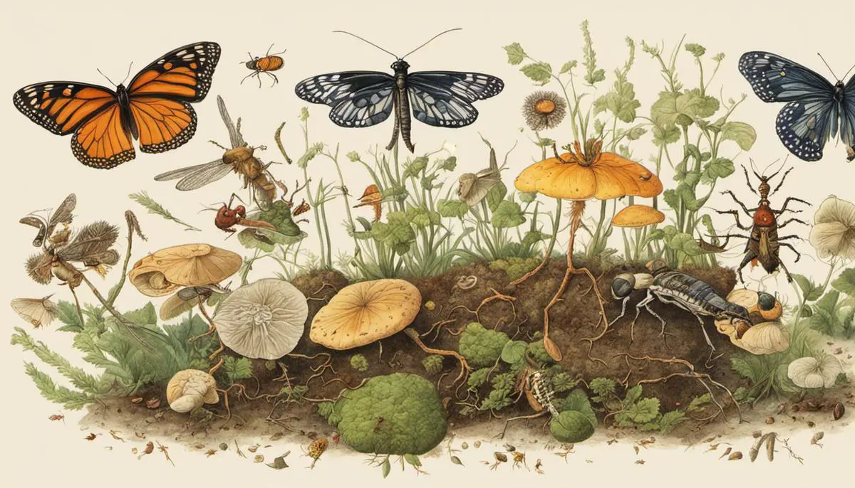 Illustration of the decomposition process in insects, showing the stages from death to decay, and the involvement of bacteria and fungi